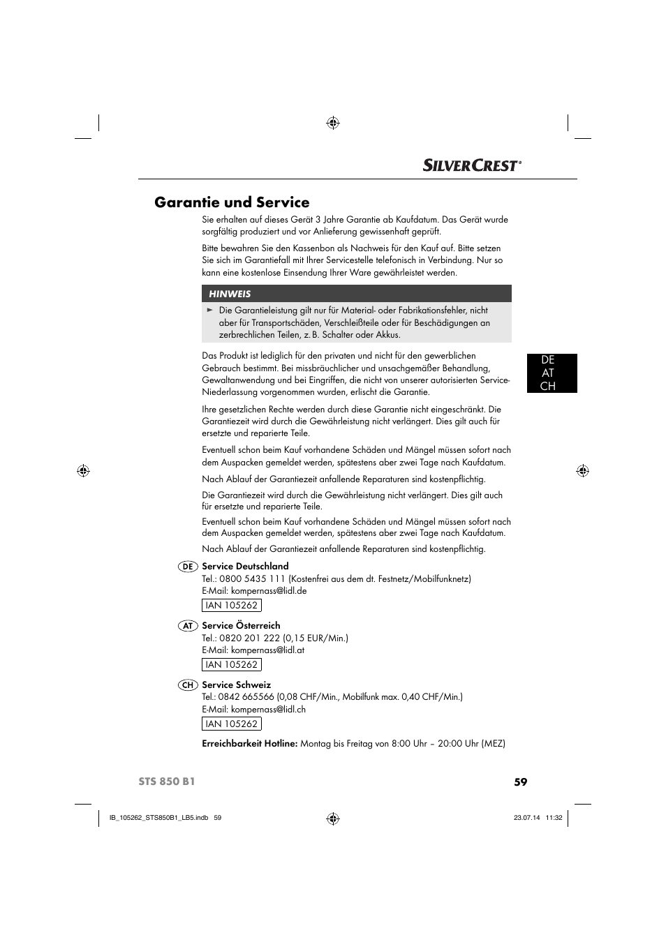 Garantie und service, De at ch | Silvercrest STS 850 C1 User Manual | Page 62 / 64