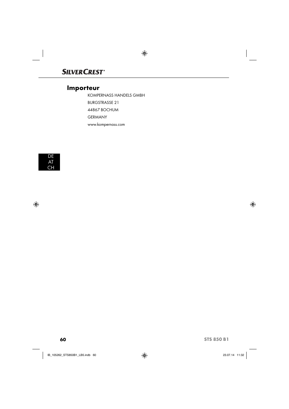 Importeur, De at ch | Silvercrest STS 850 C1 User Manual | Page 63 / 64