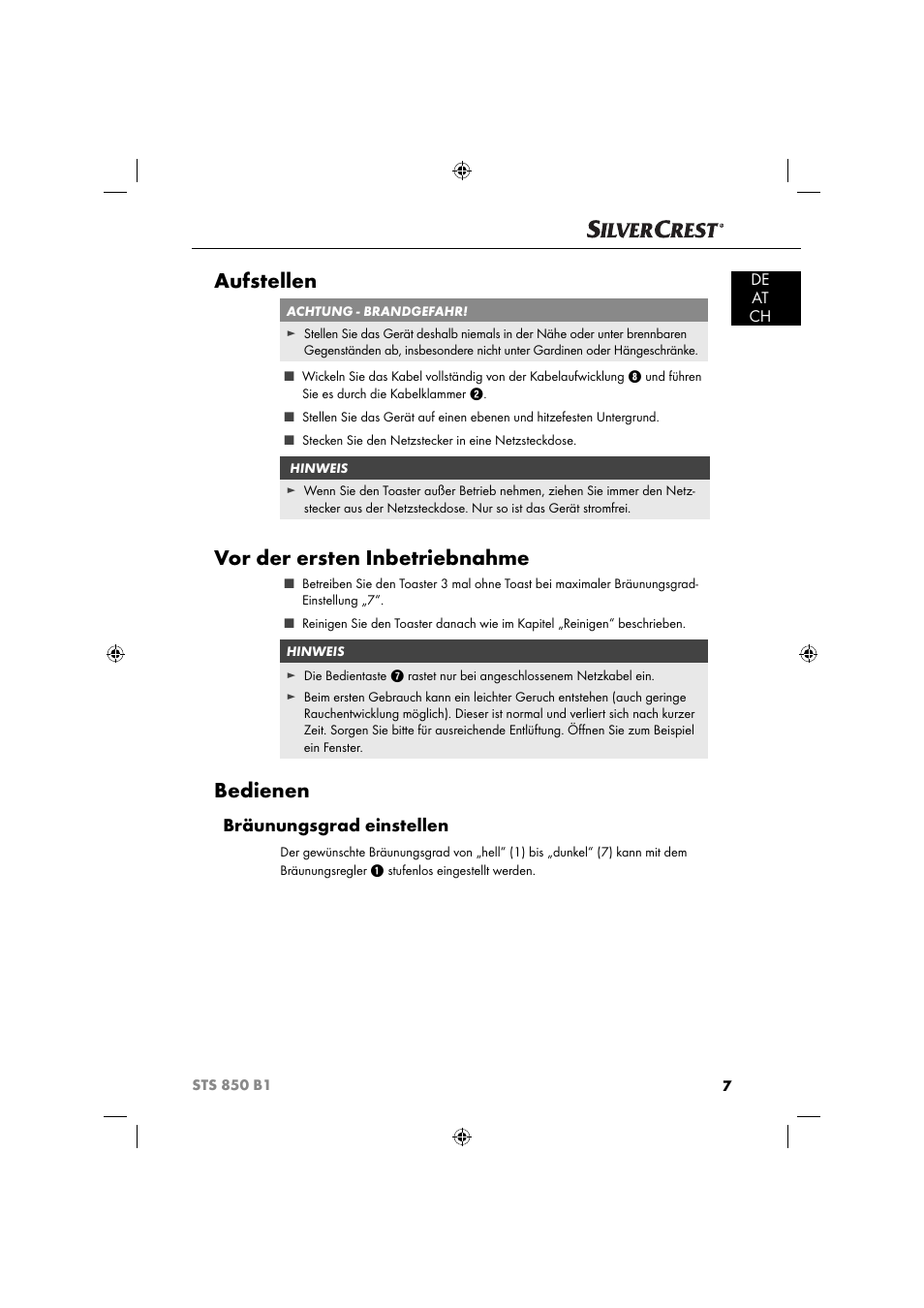 Aufstellen, Vor der ersten inbetriebnahme, Bedienen | Bräunungsgrad einstellen, De at ch | Silvercrest STS 850 C1 User Manual | Page 10 / 51