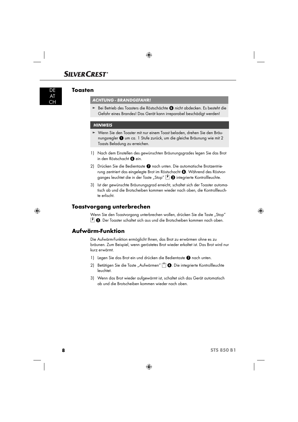 Toasten, Toastvorgang unterbrechen, Aufwärm-funktion | De at ch | Silvercrest STS 850 C1 User Manual | Page 11 / 51