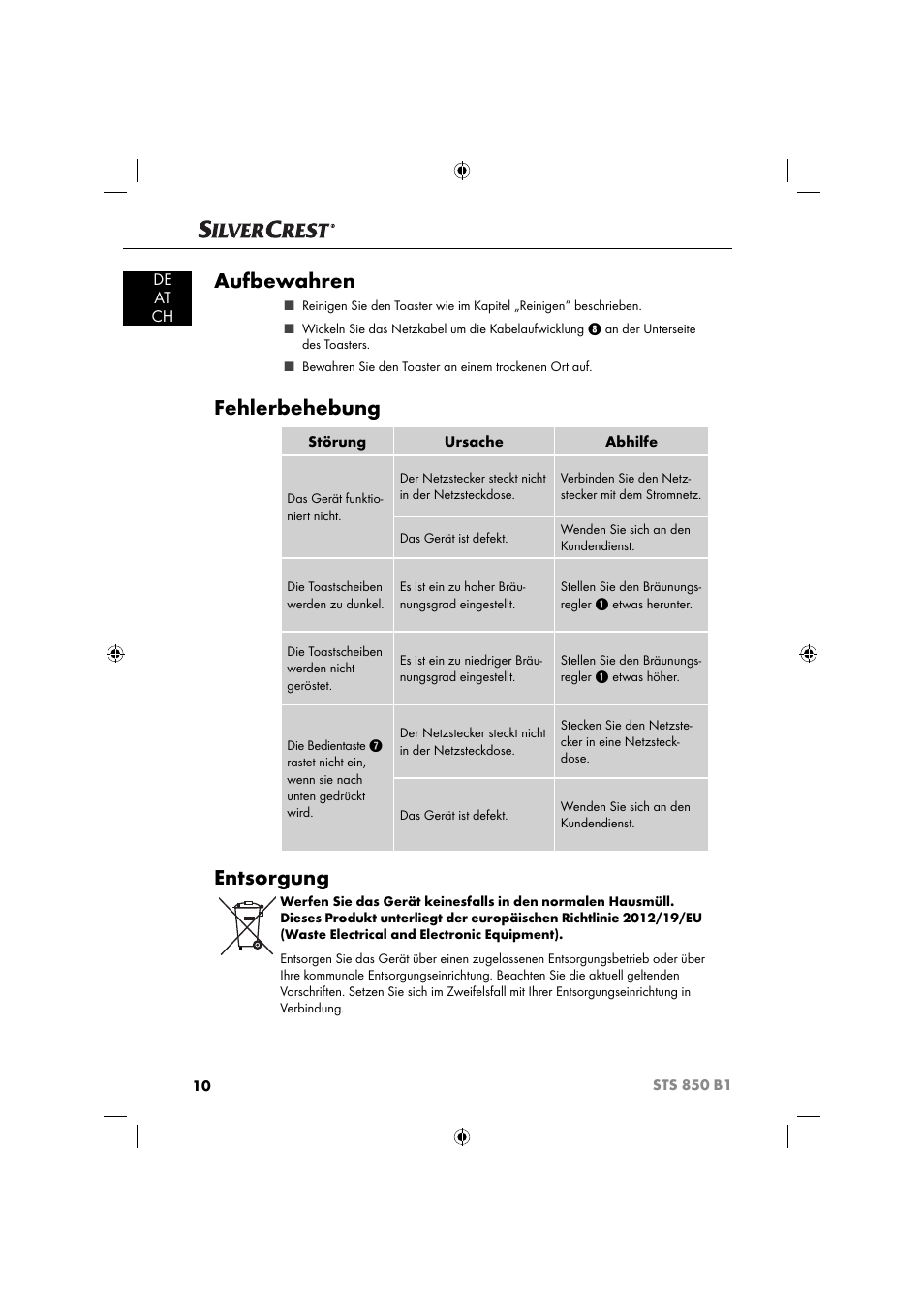 Aufbewahren, Fehlerbehebung, Entsorgung | De at ch | Silvercrest STS 850 C1 User Manual | Page 13 / 51