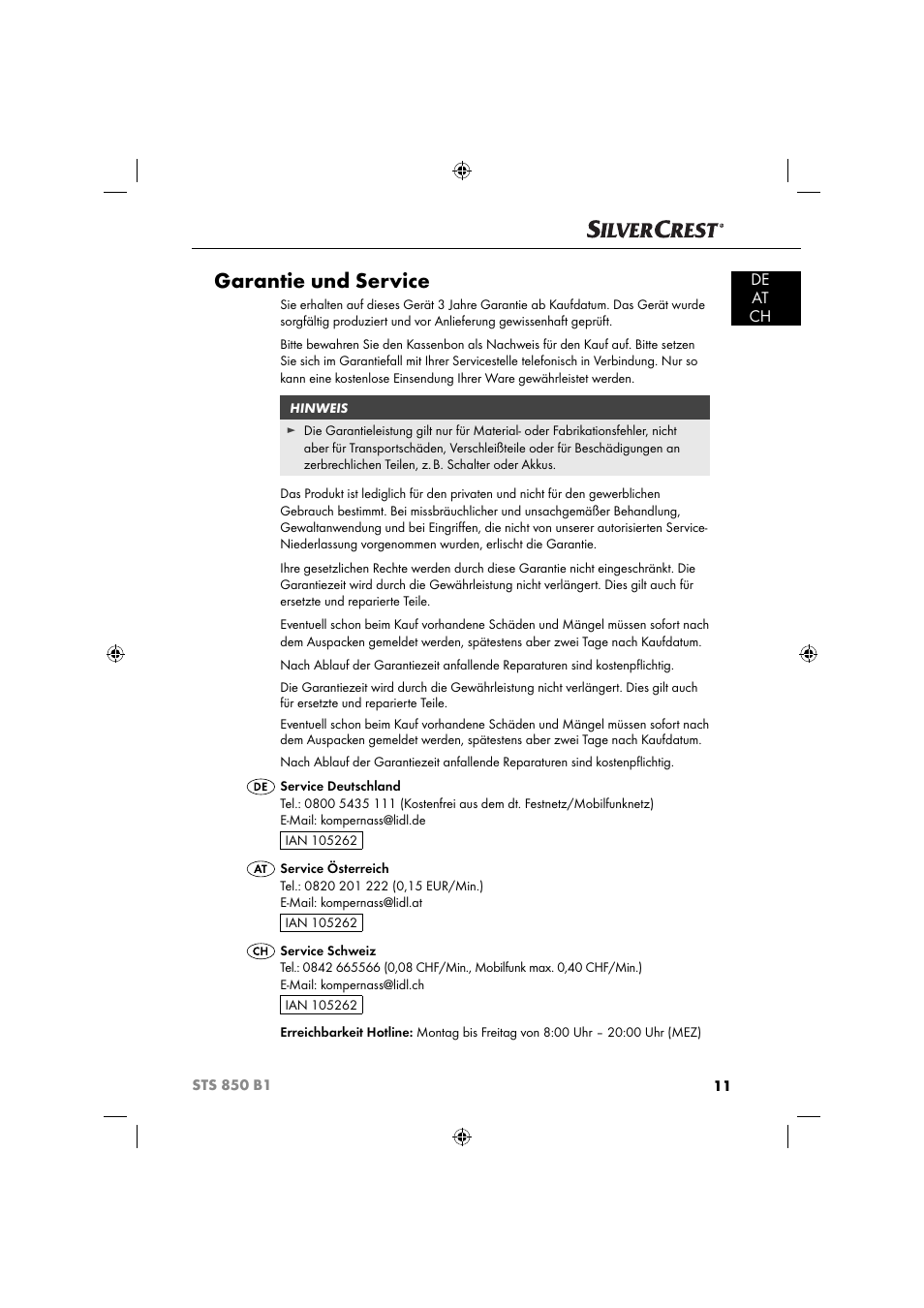 Garantie und service, De at ch | Silvercrest STS 850 C1 User Manual | Page 14 / 51