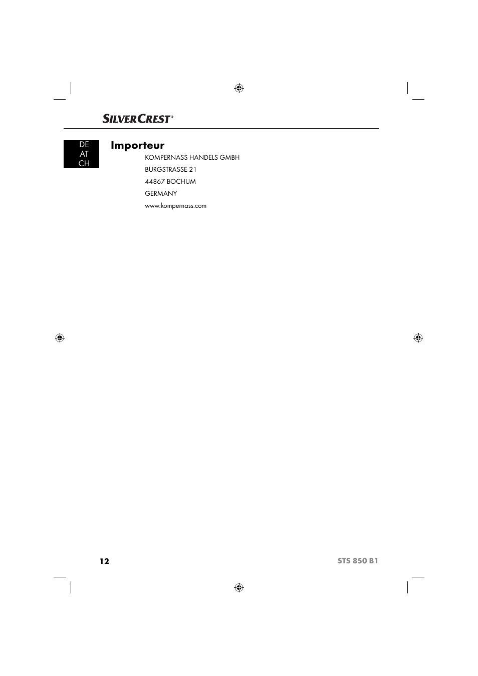 Importeur, De at ch | Silvercrest STS 850 C1 User Manual | Page 15 / 51