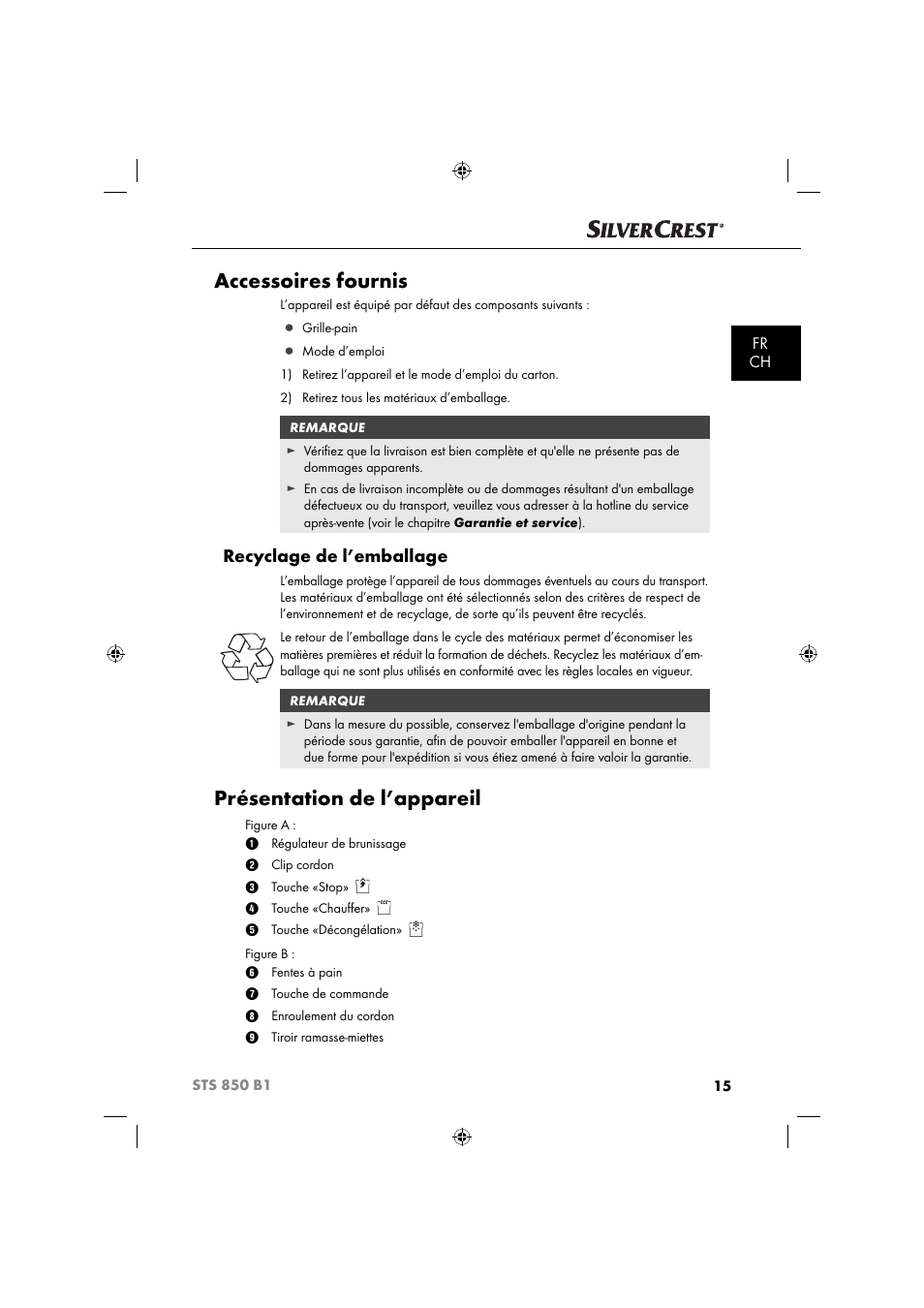 Accessoires fournis, Présentation de l’appareil, Recyclage de l’emballage | Fr ch | Silvercrest STS 850 C1 User Manual | Page 18 / 51