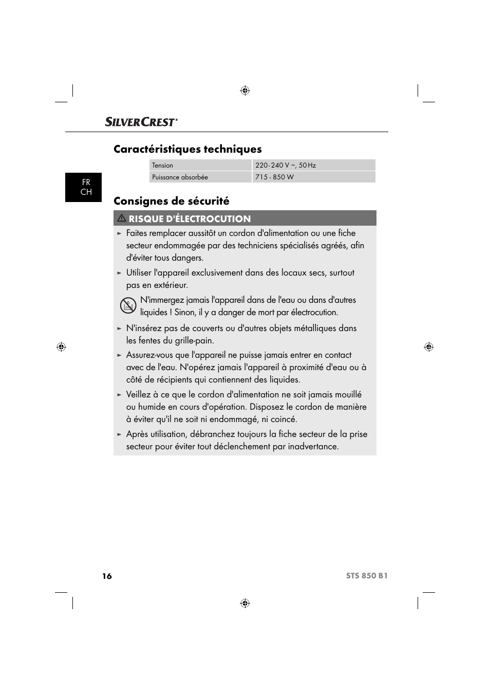 Caractéristiques techniques, Consignes de sécurité, Risque d'électrocution | Silvercrest STS 850 C1 User Manual | Page 19 / 51