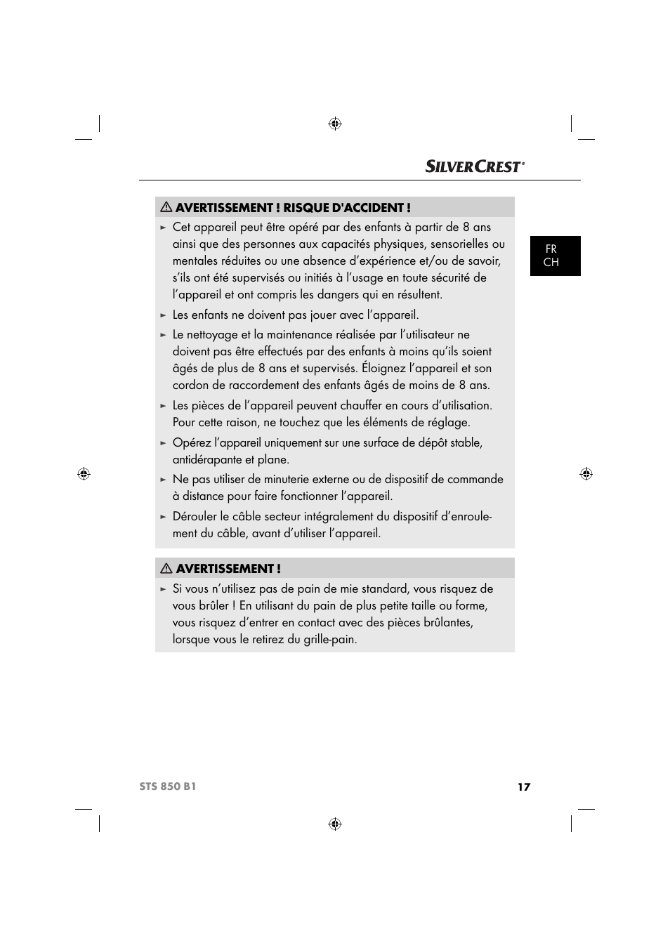 Avertissement ! risque d'accident, Les enfants ne doivent pas jouer avec l’appareil, Fr ch | Silvercrest STS 850 C1 User Manual | Page 20 / 51