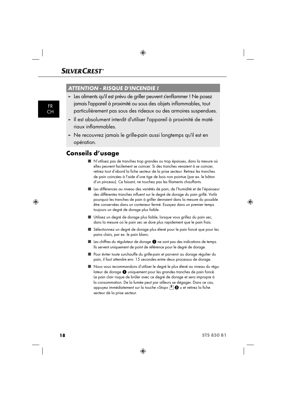 Conseils d’usage, Attention - risque d'incendie, Fr ch | Silvercrest STS 850 C1 User Manual | Page 21 / 51