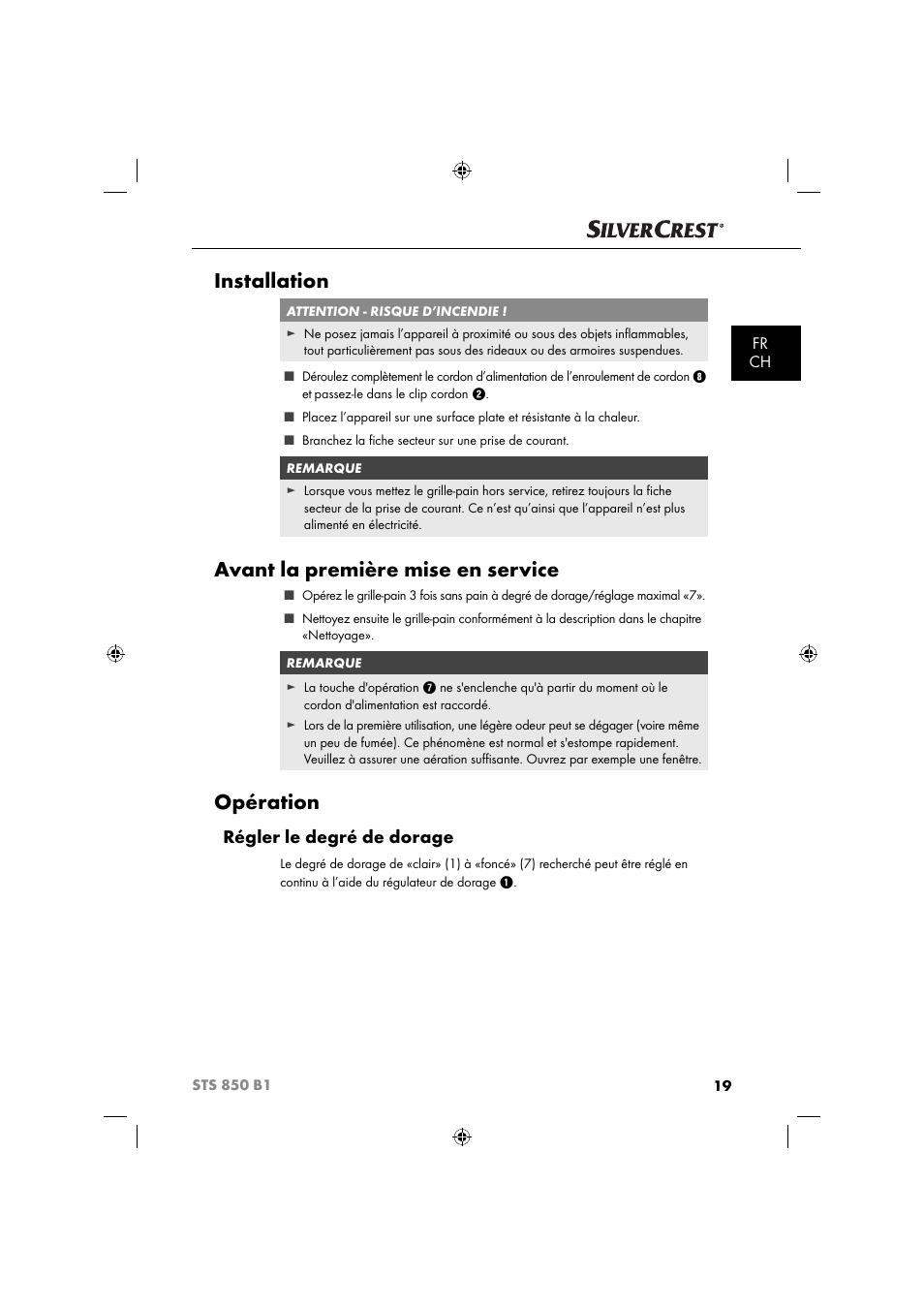 Installation, Avant la première mise en service, Opération | Régler le degré de dorage, Fr ch | Silvercrest STS 850 C1 User Manual | Page 22 / 51