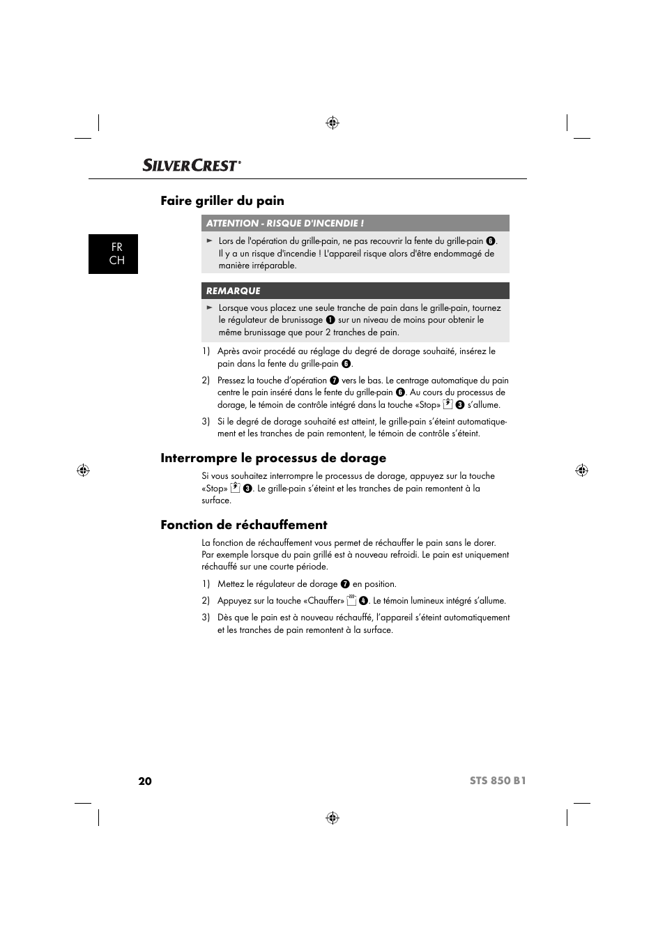 Faire griller du pain, Interrompre le processus de dorage, Fonction de réchauﬀ ement | Fr ch | Silvercrest STS 850 C1 User Manual | Page 23 / 51