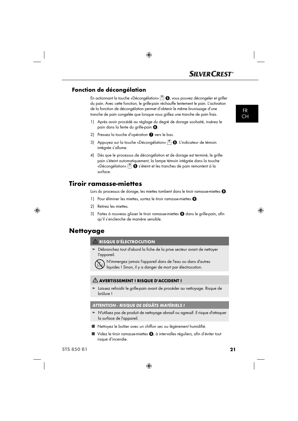 Tiroir ramasse-miettes, Nettoyage, Fonction de décongélation | Fr ch | Silvercrest STS 850 C1 User Manual | Page 24 / 51