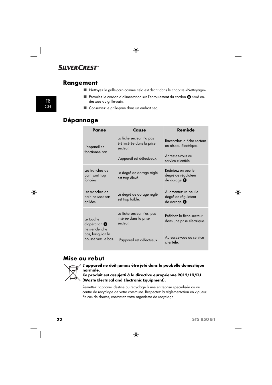 Rangement, Dépannage, Mise au rebut | Fr ch | Silvercrest STS 850 C1 User Manual | Page 25 / 51