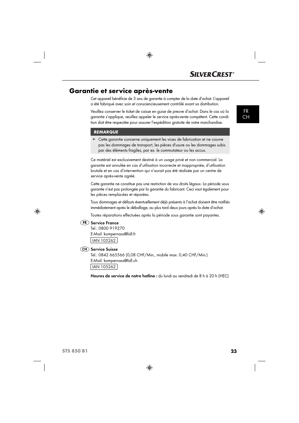 Garantie et service après-vente, Fr ch | Silvercrest STS 850 C1 User Manual | Page 26 / 51