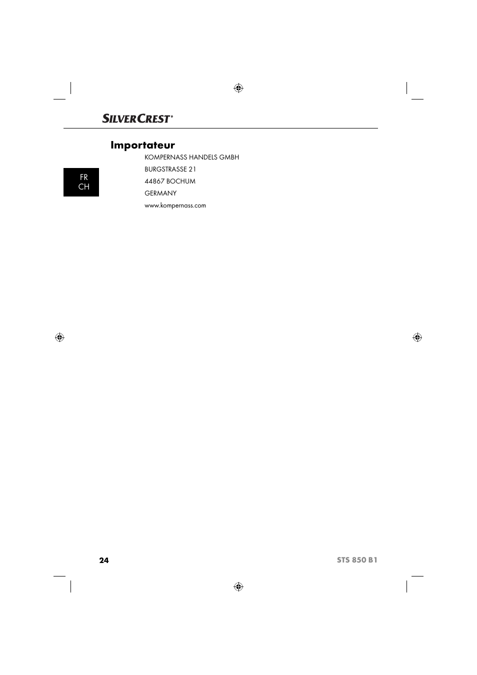 Importateur, Fr ch | Silvercrest STS 850 C1 User Manual | Page 27 / 51