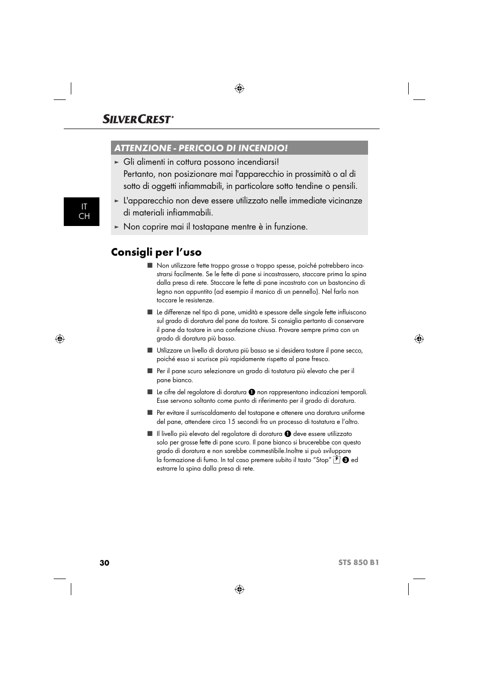 Consigli per l’uso, Attenzione - pericolo di incendio, Non coprire mai il tostapane mentre è in funzione | It ch | Silvercrest STS 850 C1 User Manual | Page 33 / 51