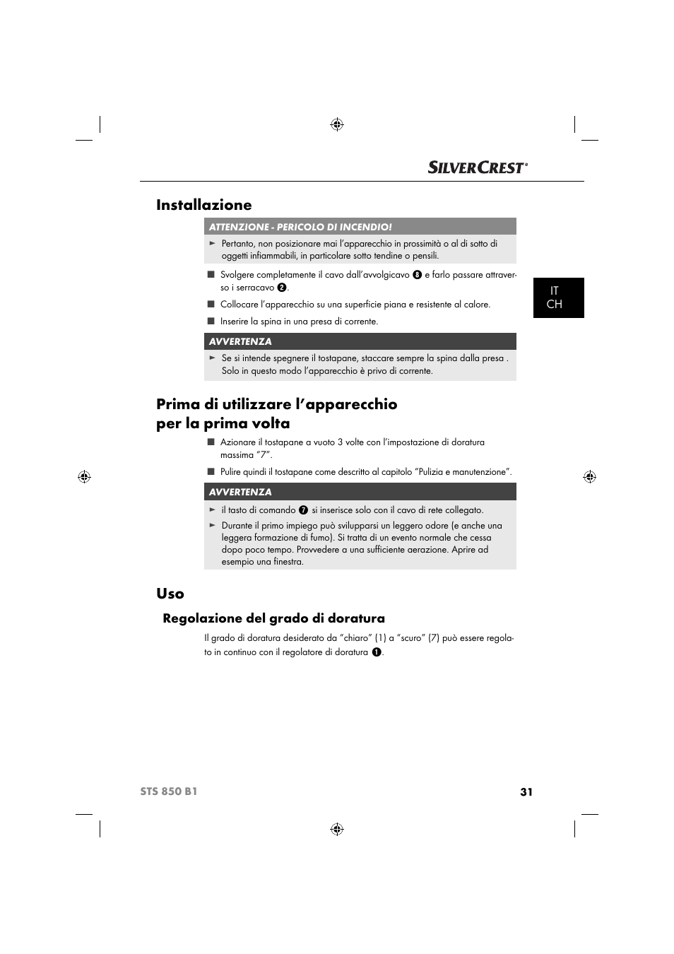 Installazione, Regolazione del grado di doratura, It ch | Silvercrest STS 850 C1 User Manual | Page 34 / 51