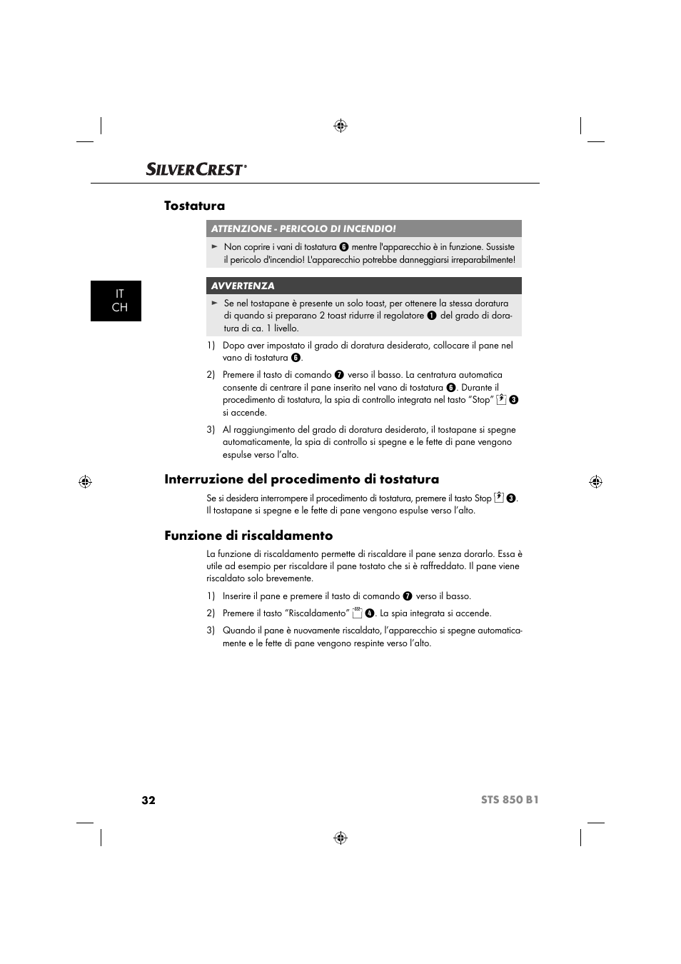 Tostatura, Interruzione del procedimento di tostatura, Funzione di riscaldamento | It ch | Silvercrest STS 850 C1 User Manual | Page 35 / 51