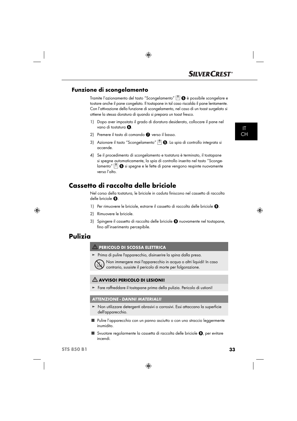 Cassetto di raccolta delle briciole, Pulizia, Funzione di scongelamento | It ch | Silvercrest STS 850 C1 User Manual | Page 36 / 51