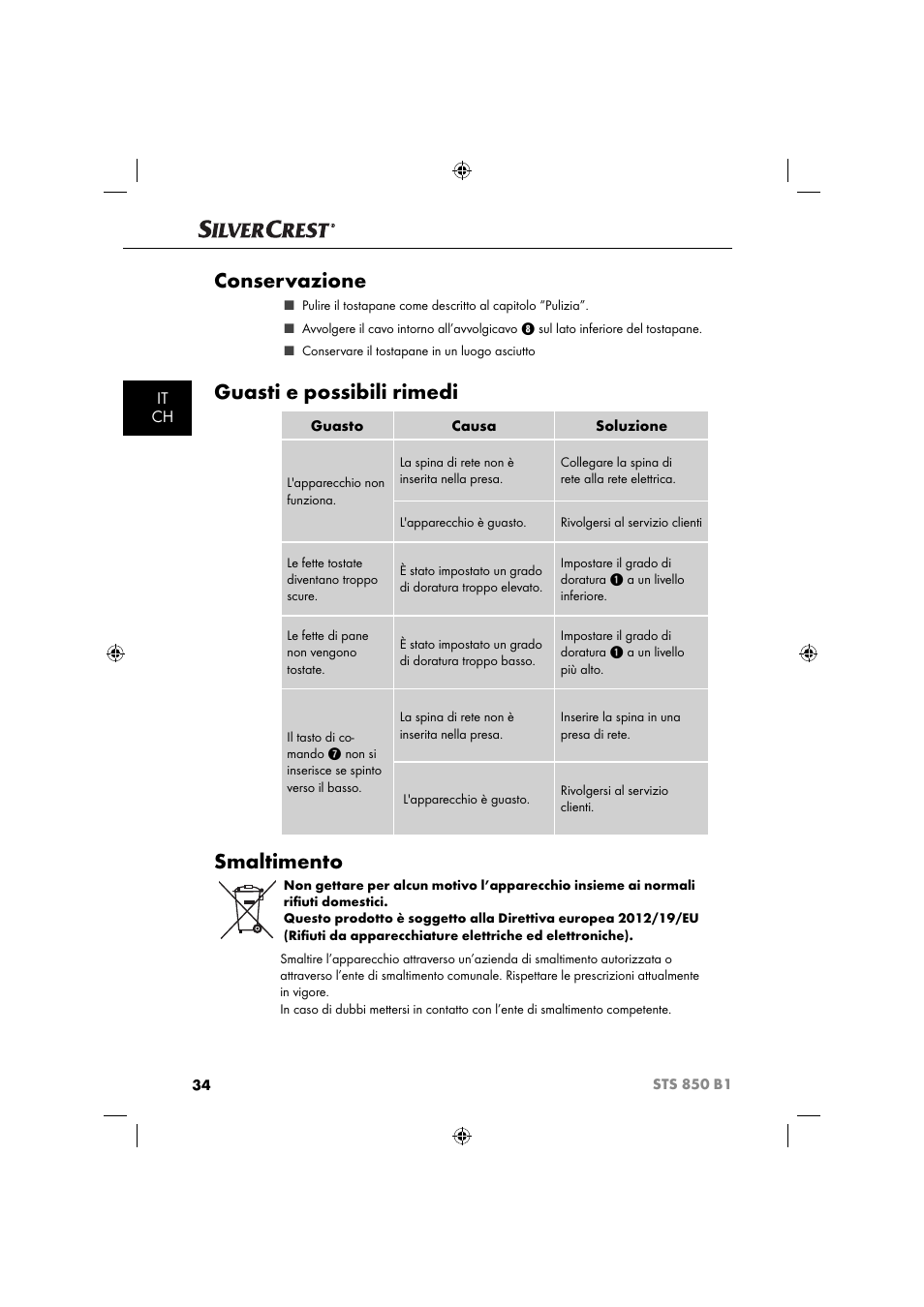 Conservazione, Guasti e possibili rimedi, Smaltimento | It ch | Silvercrest STS 850 C1 User Manual | Page 37 / 51