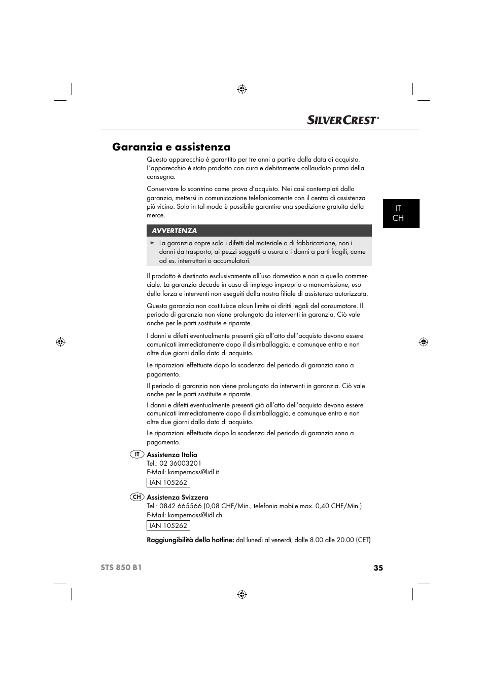 Garanzia e assistenza, It ch | Silvercrest STS 850 C1 User Manual | Page 38 / 51