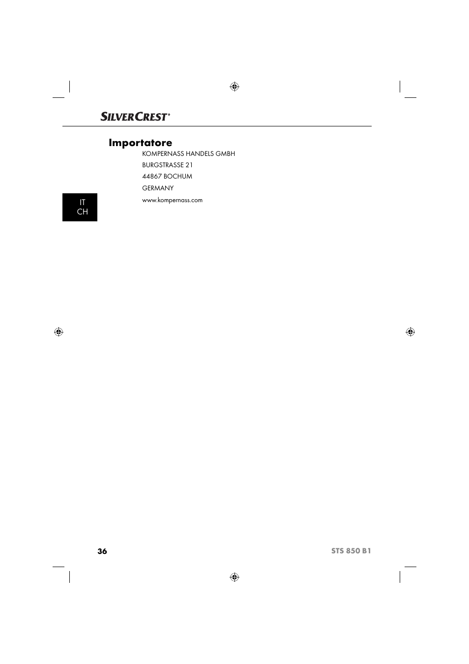 Importatore, It ch | Silvercrest STS 850 C1 User Manual | Page 39 / 51
