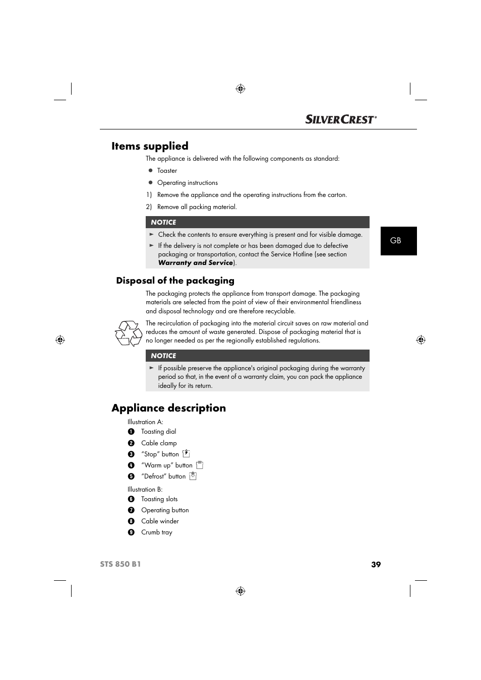 Items supplied, Appliance description, Disposal of the packaging | Silvercrest STS 850 C1 User Manual | Page 42 / 51