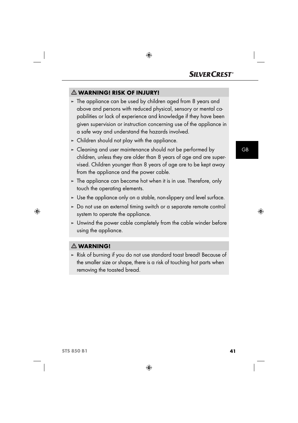 Warning! risk of injury, Children should not play with the appliance | Silvercrest STS 850 C1 User Manual | Page 44 / 51