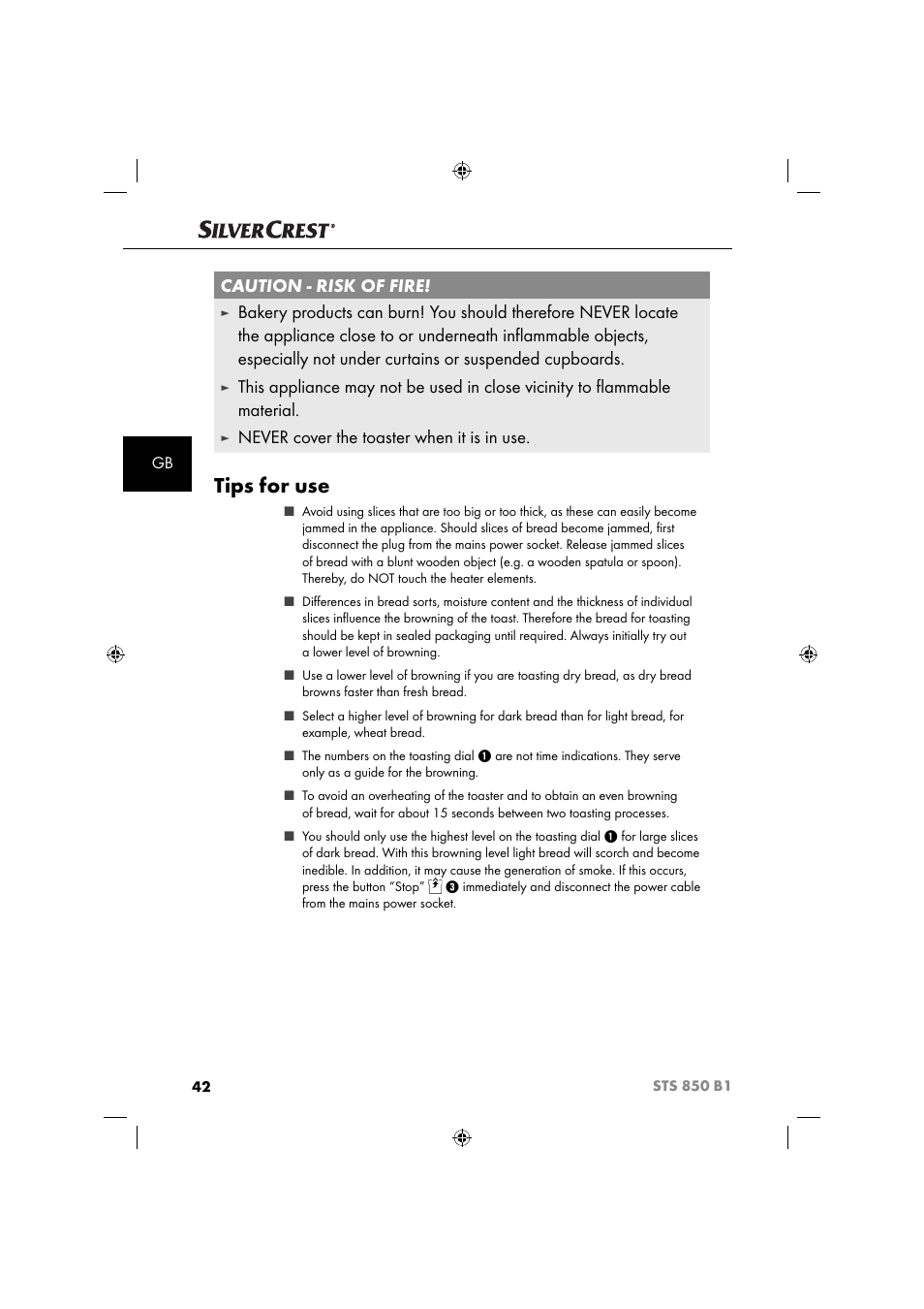 Tips for use, Caution - risk of fire, Never cover the toaster when it is in use | Silvercrest STS 850 C1 User Manual | Page 45 / 51