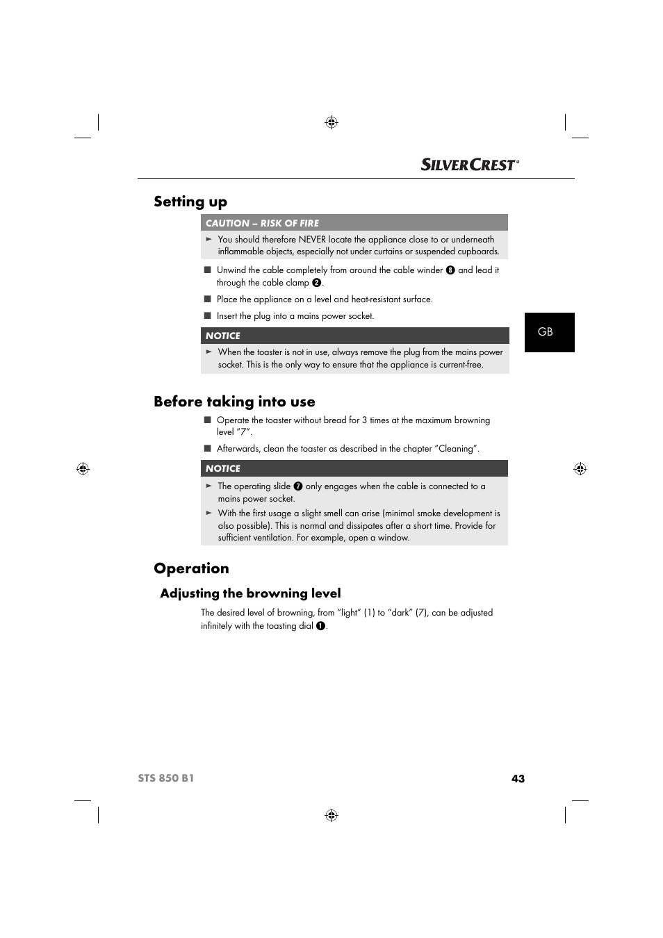 Setting up, Before taking into use, Operation | Adjusting the browning level | Silvercrest STS 850 C1 User Manual | Page 46 / 51