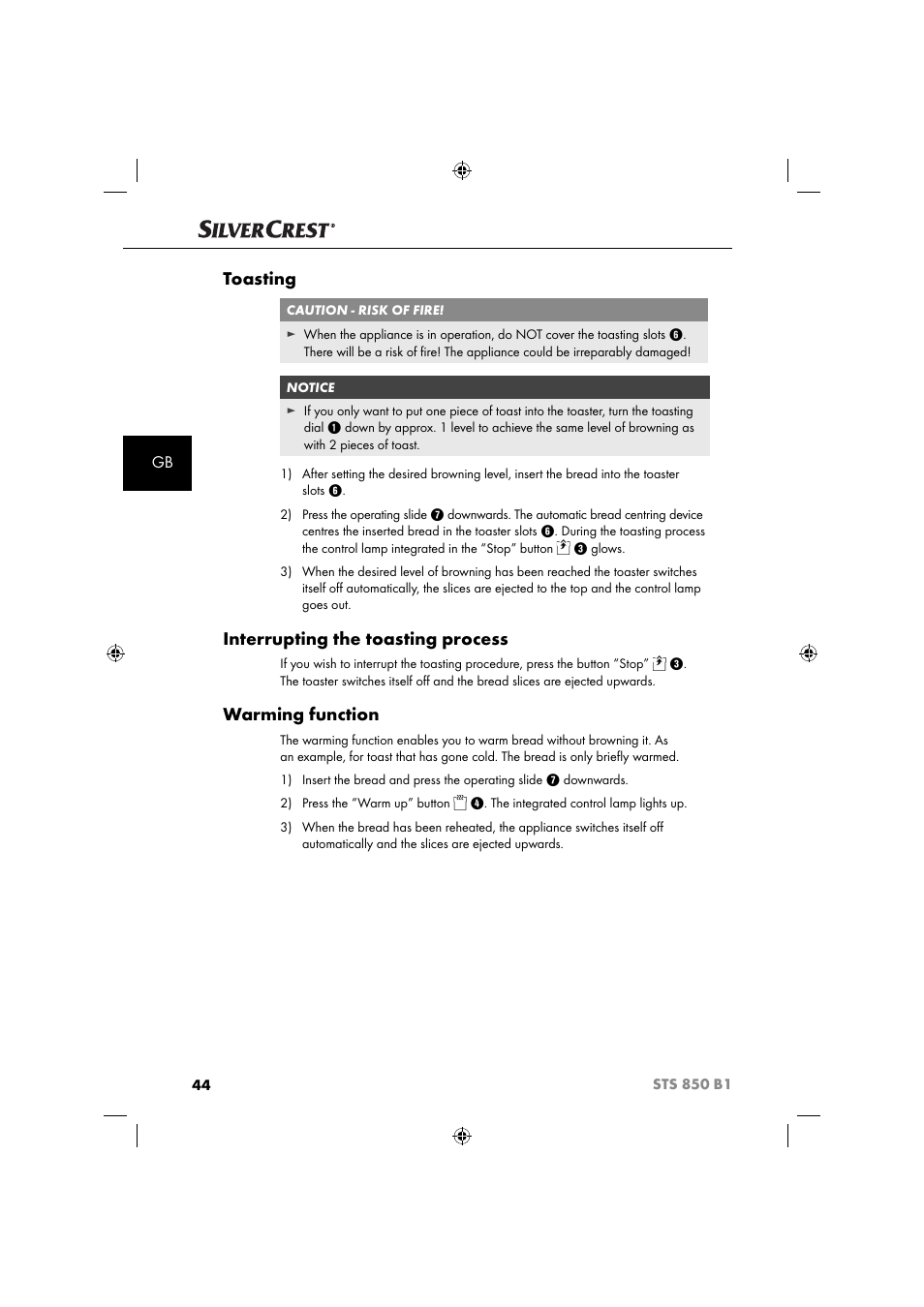 Toasting, Interrupting the toasting process, Warming function | Silvercrest STS 850 C1 User Manual | Page 47 / 51