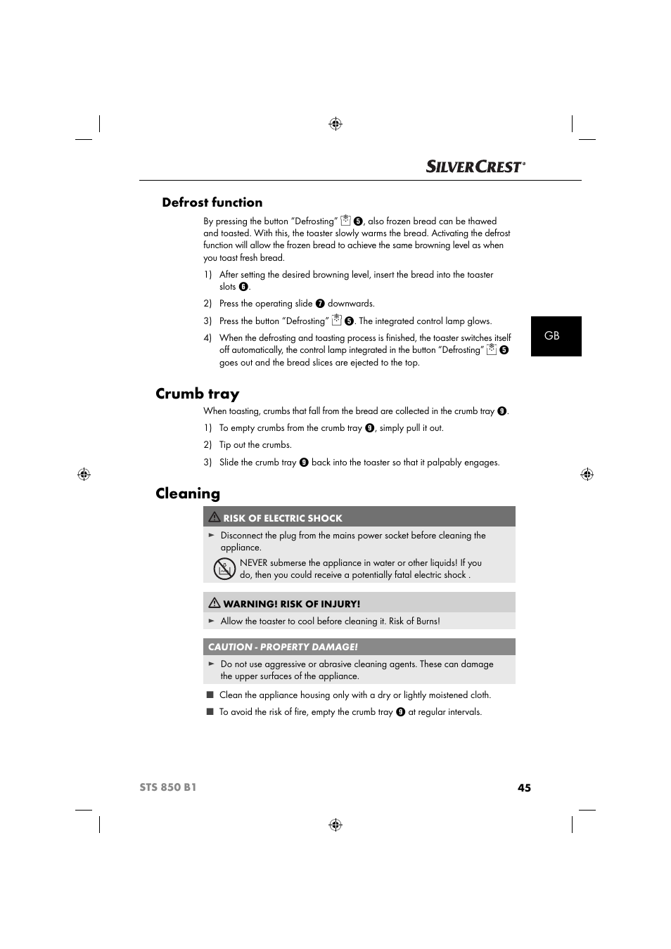 Crumb tray, Cleaning, Defrost function | Silvercrest STS 850 C1 User Manual | Page 48 / 51