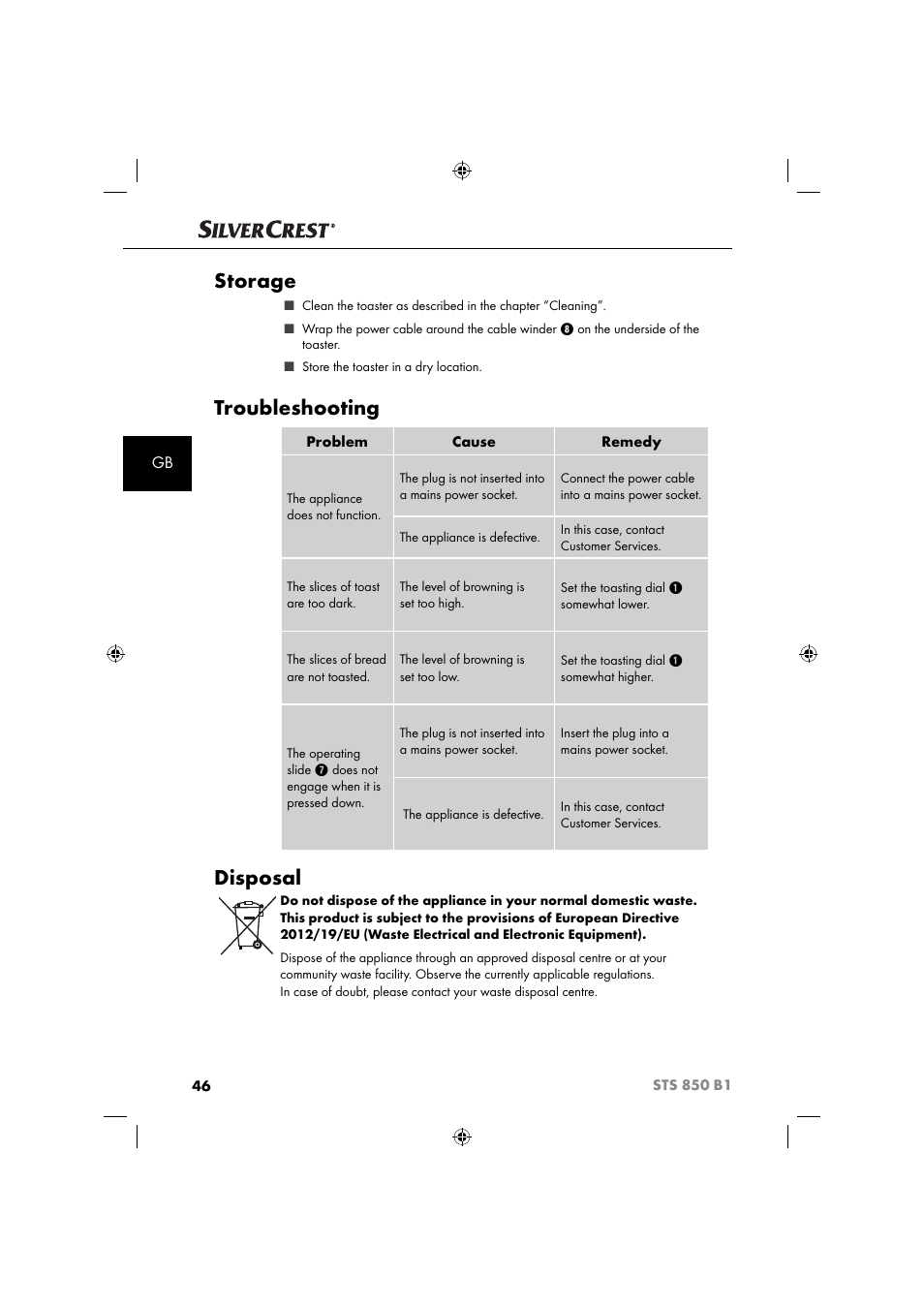 Storage, Troubleshooting, Disposal | Silvercrest STS 850 C1 User Manual | Page 49 / 51