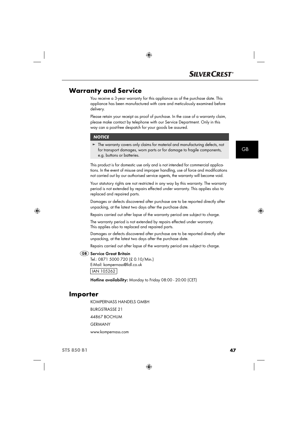Warranty and service, Importer | Silvercrest STS 850 C1 User Manual | Page 50 / 51