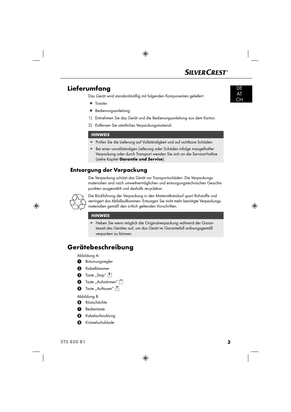 Lieferumfang, Gerätebeschreibung, Entsorgung der verpackung | De at ch | Silvercrest STS 850 C1 User Manual | Page 6 / 51