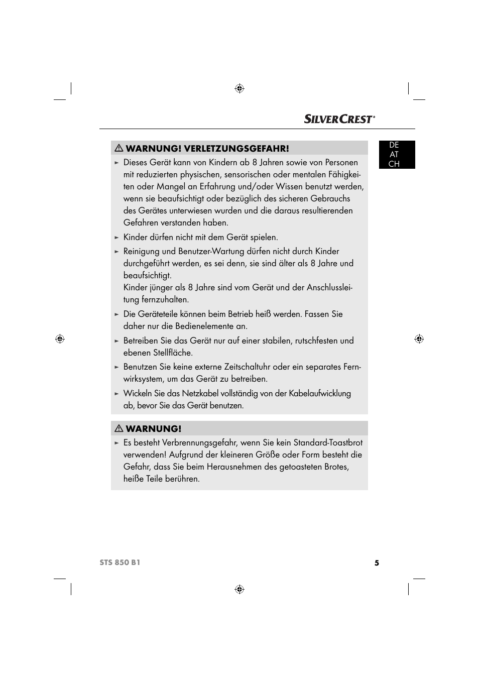 Warnung! verletzungsgefahr, Kinder dürfen nicht mit dem gerät spielen, De at ch | Silvercrest STS 850 C1 User Manual | Page 8 / 51