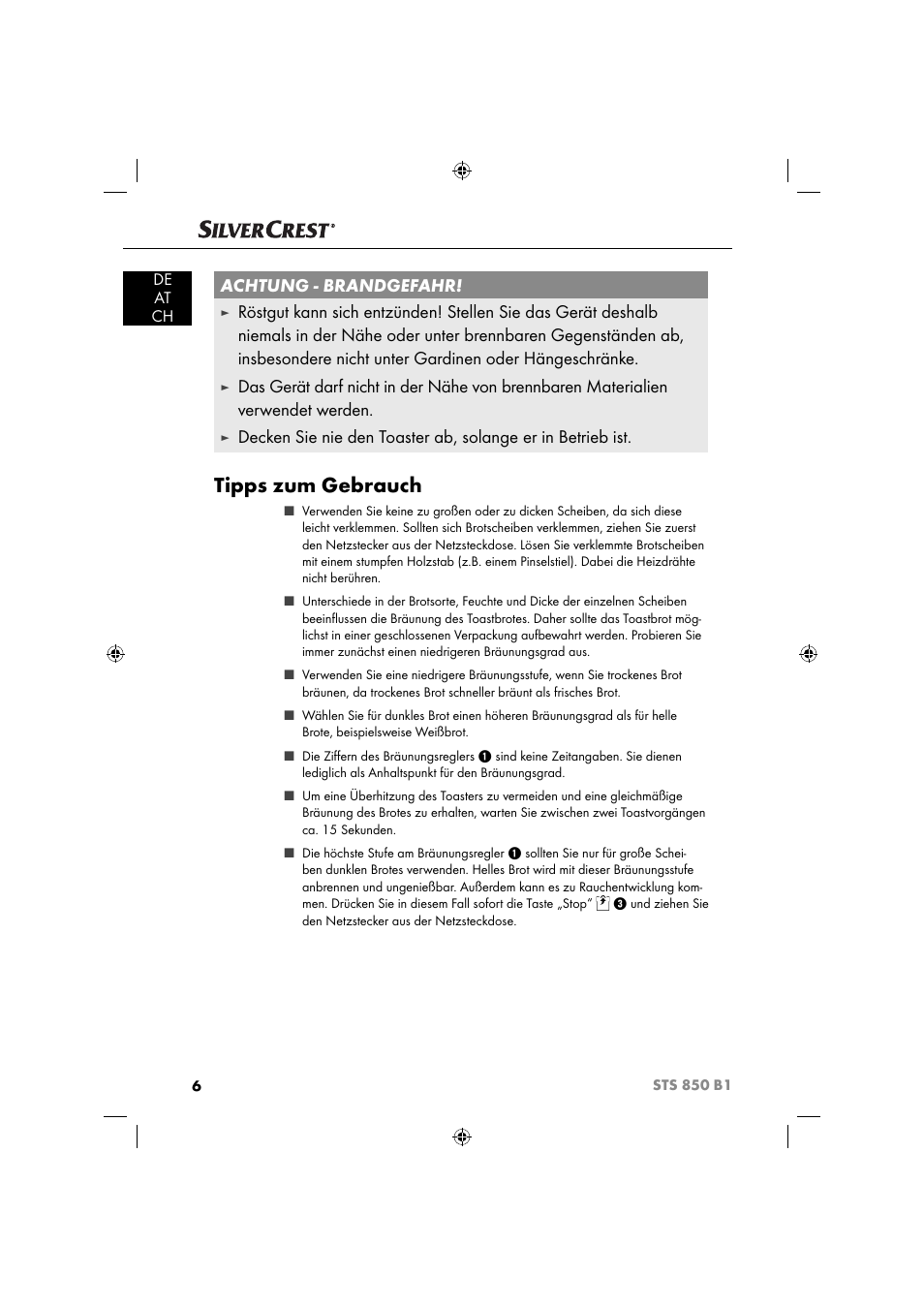 Tipps zum gebrauch, Achtung - brandgefahr, De at ch | Silvercrest STS 850 C1 User Manual | Page 9 / 51