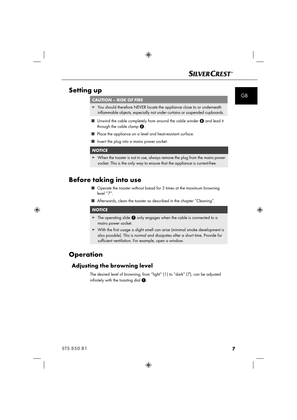 Setting up, Before taking into use, Operation | Adjusting the browning level | Silvercrest STS 850 C1 User Manual | Page 10 / 76