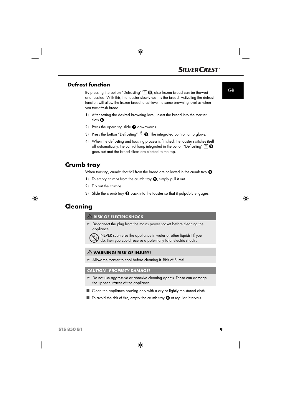 Crumb tray, Cleaning, Defrost function | Silvercrest STS 850 C1 User Manual | Page 12 / 76