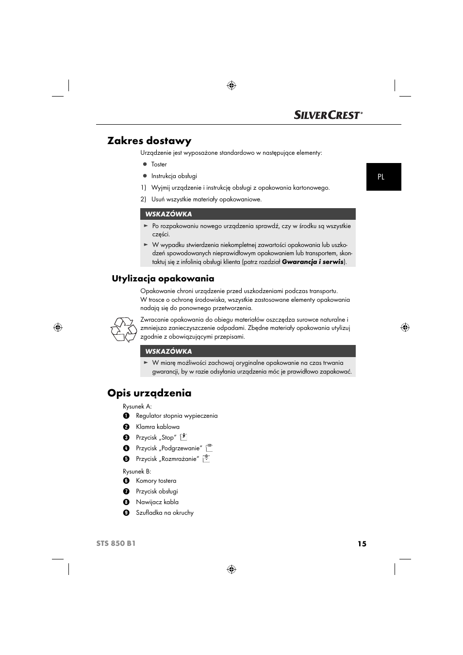 Zakres dostawy, Opis urządzenia, Utylizacja opakowania | Silvercrest STS 850 C1 User Manual | Page 18 / 76