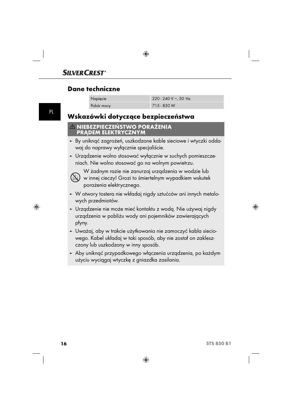 Dane techniczne, Wskazówki dotyczące bezpieczeństwa, Niebezpieczeństwo porażenia prądem elektrycznym | Silvercrest STS 850 C1 User Manual | Page 19 / 76