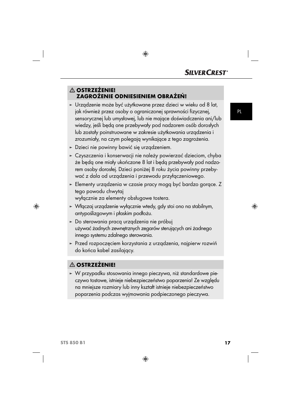 Ostrzeżenie! zagrożenie odniesieniem obrażeń, Dzieci nie powinny bawić się urządzeniem | Silvercrest STS 850 C1 User Manual | Page 20 / 76