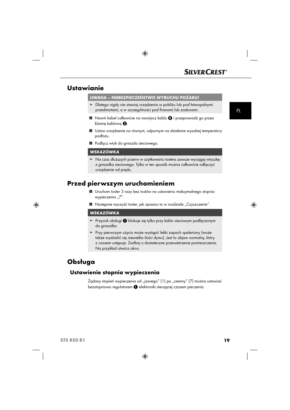 Ustawianie, Przed pierwszym uruchomieniem, Obsługa | Ustawienie stopnia wypieczenia | Silvercrest STS 850 C1 User Manual | Page 22 / 76