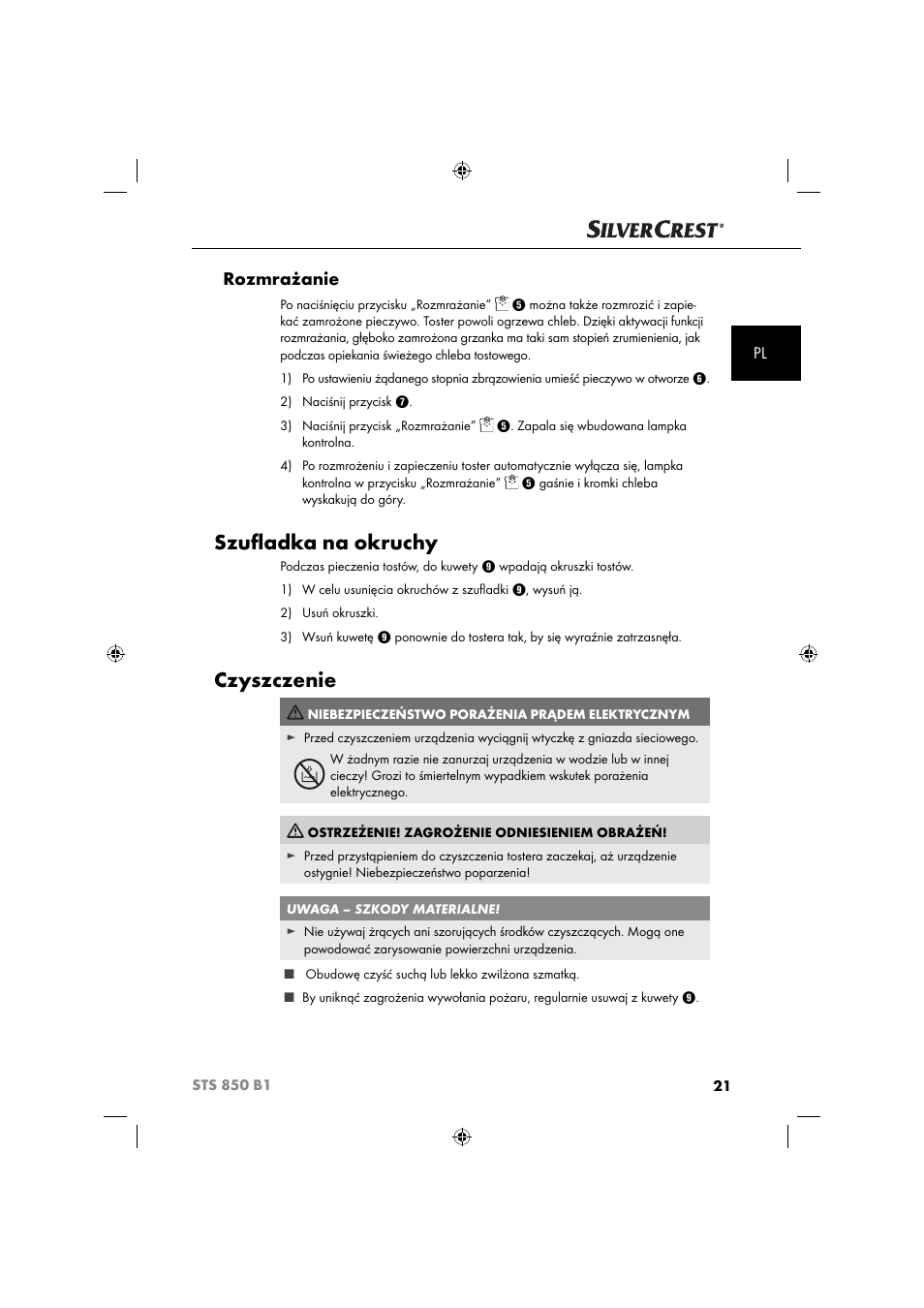 Szuﬂ adka na okruchy, Czyszczenie, Rozmrażanie | Silvercrest STS 850 C1 User Manual | Page 24 / 76