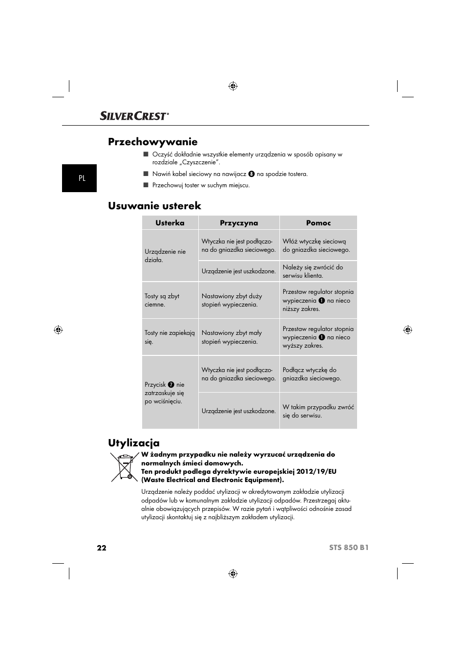 Przechowywanie, Usuwanie usterek, Utylizacja | Silvercrest STS 850 C1 User Manual | Page 25 / 76