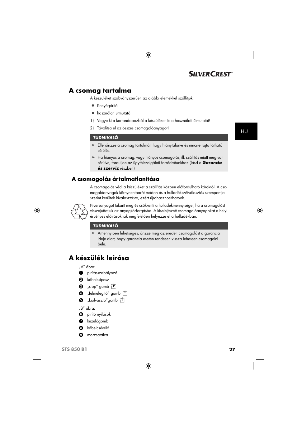 A csomag tartalma, A készülék leírása, A csomagolás ártalmatlanítása | Silvercrest STS 850 C1 User Manual | Page 30 / 76