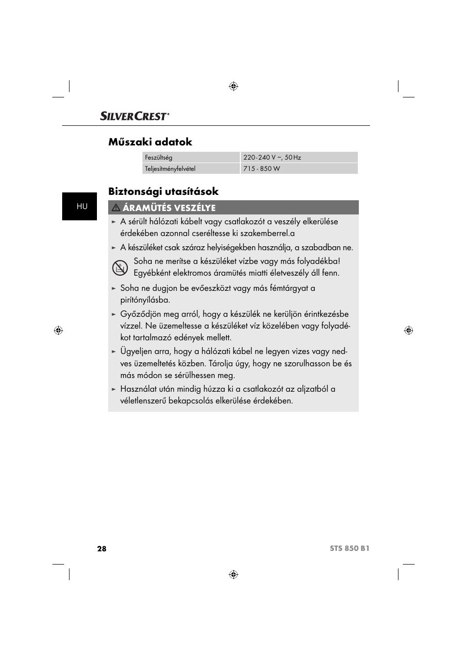 Műszaki adatok, Biztonsági utasítások, Áramütés veszélye | Silvercrest STS 850 C1 User Manual | Page 31 / 76