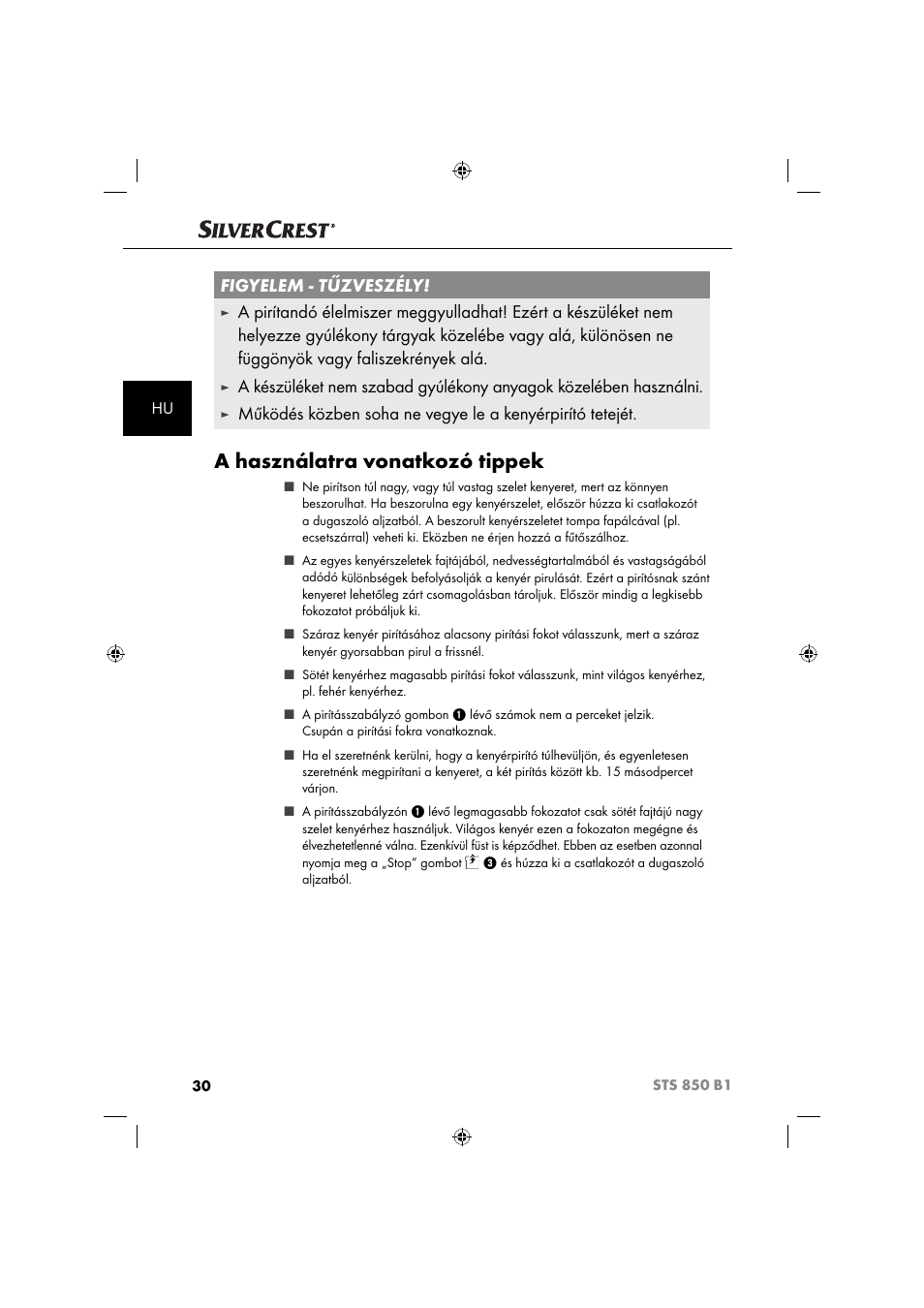 A használatra vonatkozó tippek, Figyelem - tűzveszély | Silvercrest STS 850 C1 User Manual | Page 33 / 76