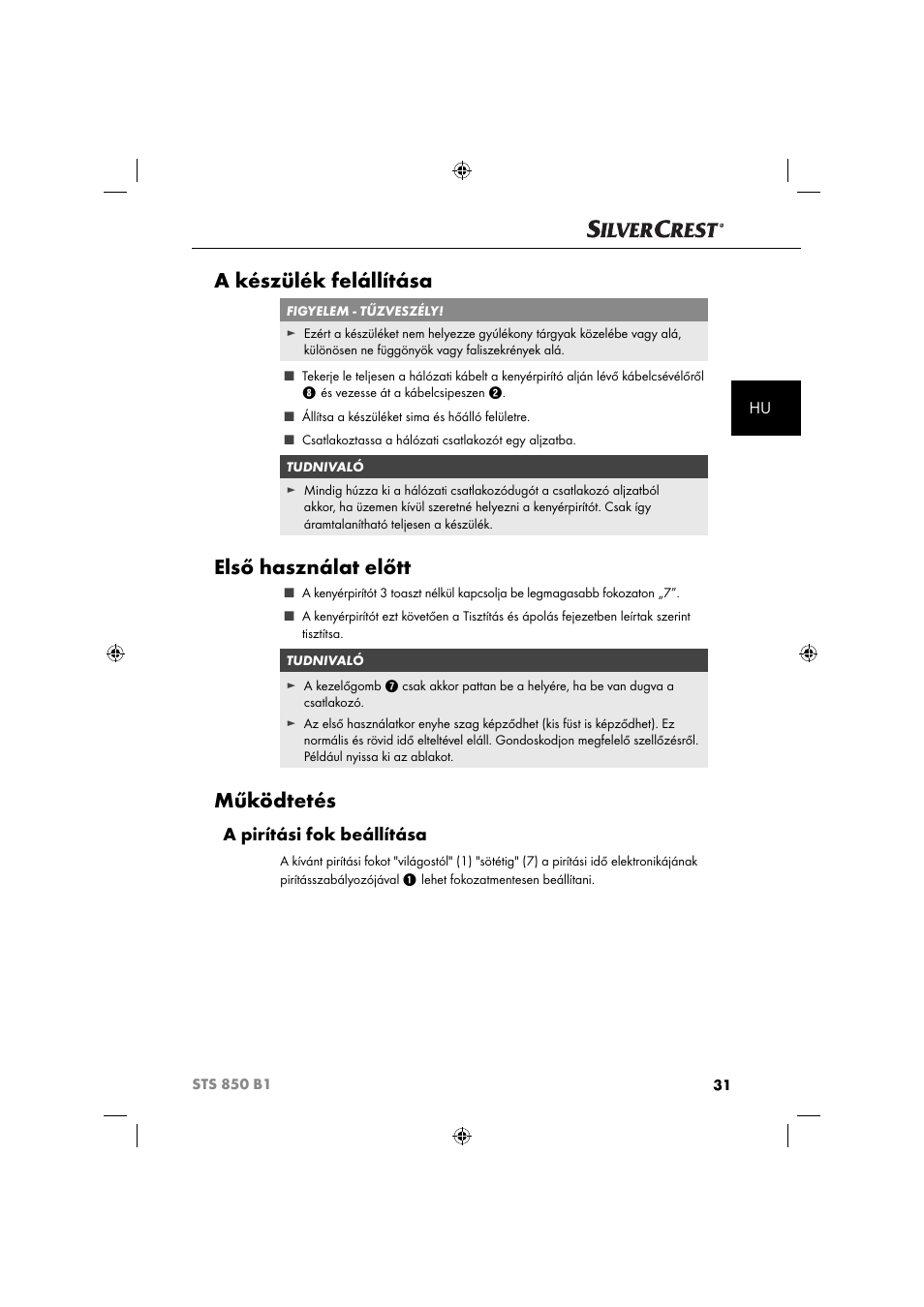 A készülék felállítása, Első használat előtt, Működtetés | A pirítási fok beállítása | Silvercrest STS 850 C1 User Manual | Page 34 / 76