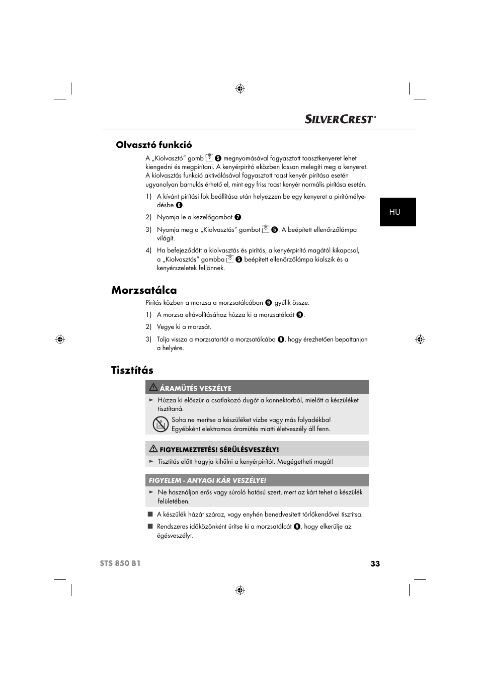 Morzsatálca, Tisztítás, Olvasztó funkció | Silvercrest STS 850 C1 User Manual | Page 36 / 76