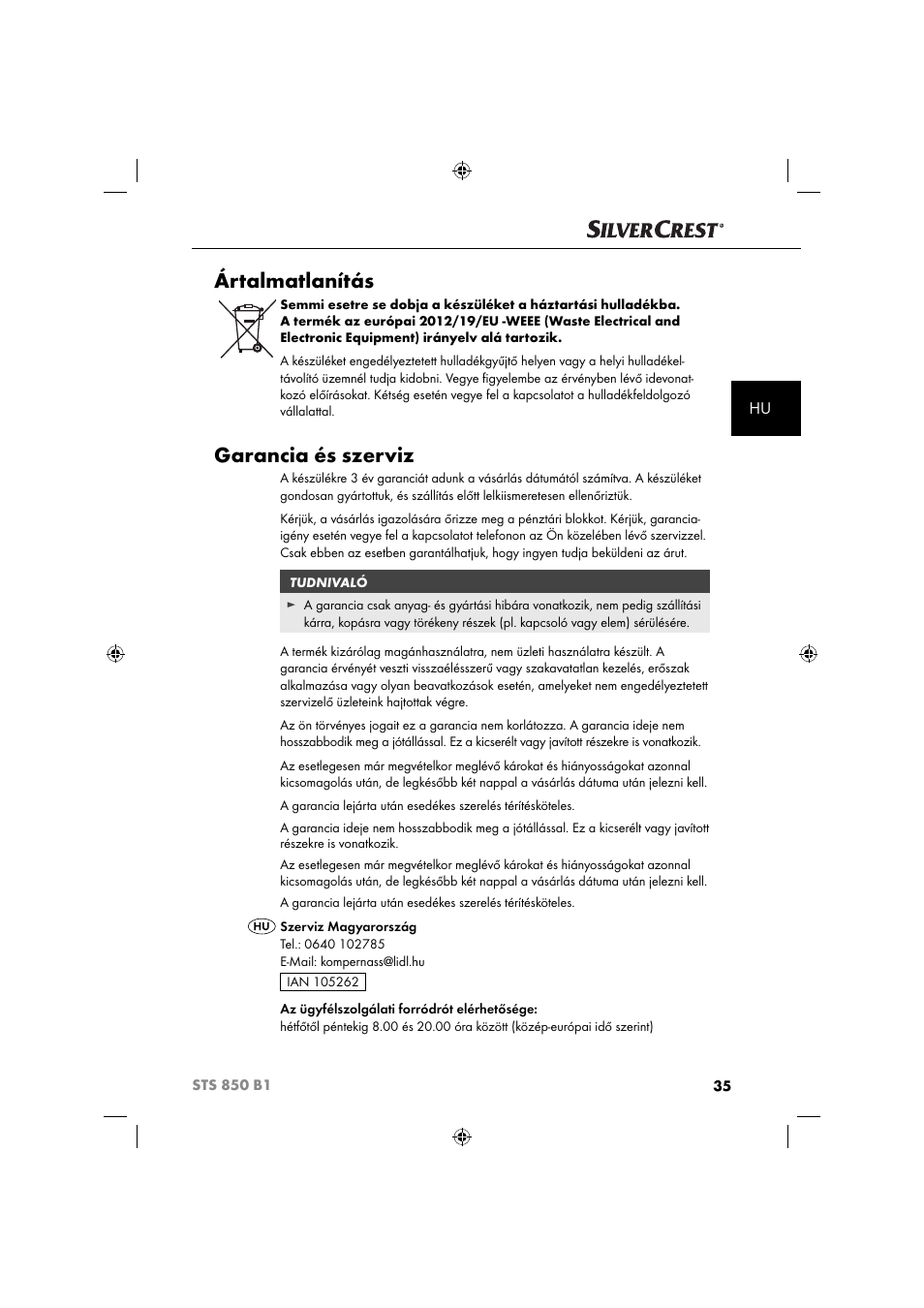 Ártalmatlanítás, Garancia és szerviz | Silvercrest STS 850 C1 User Manual | Page 38 / 76