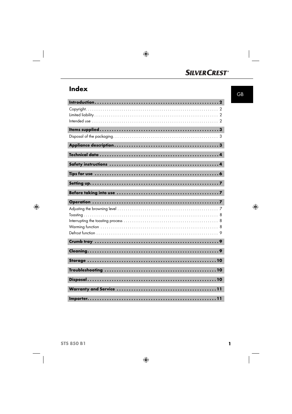 Index | Silvercrest STS 850 C1 User Manual | Page 4 / 76